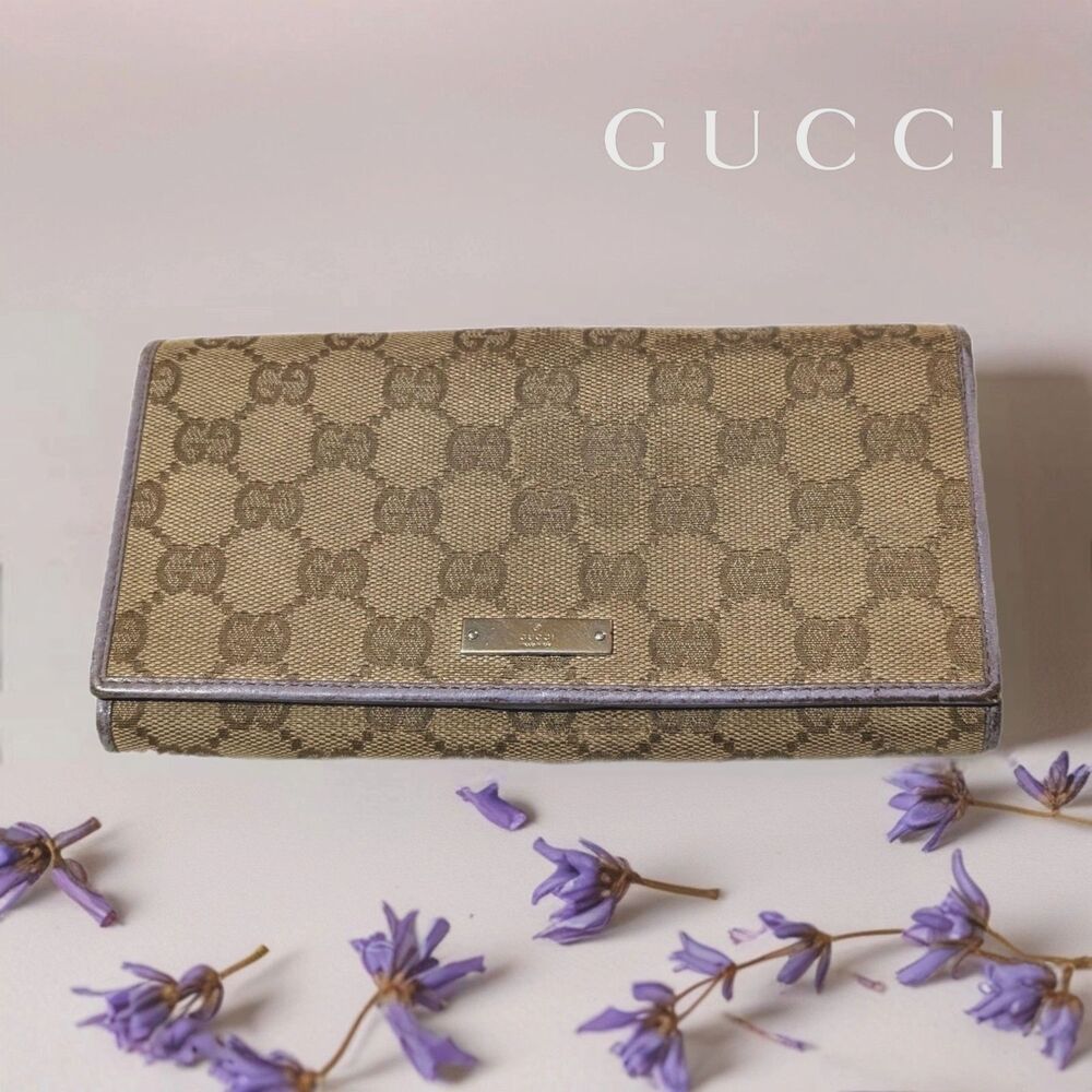 Gucci GG Monogram Canvas Long Wallet Rare Lavender Leather Vintage Y2K